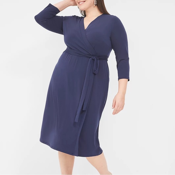 NWT Lane Bryant 26/28 Navy Blue 3/4-Sleeve Faux-Wrap Dress NEW - Picture 3 of 4